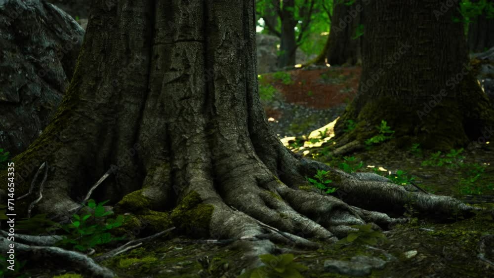 root covered with moss in a dark forest