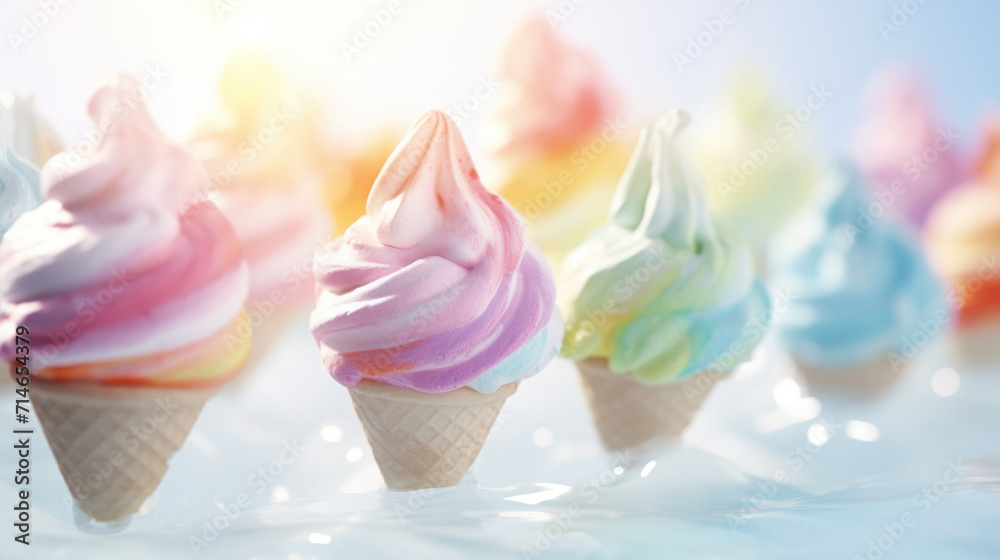 Pastel rainbow color ice cream cones on blue sunny sky background, copy space Pastel rainbow color ice cream cones on blue sunny sky background, copy space