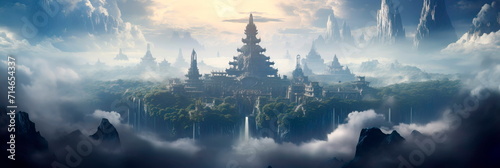 mountain peaks crowned with ancient temples, shrouded in mist and surrounded by an aura of mystical energy.