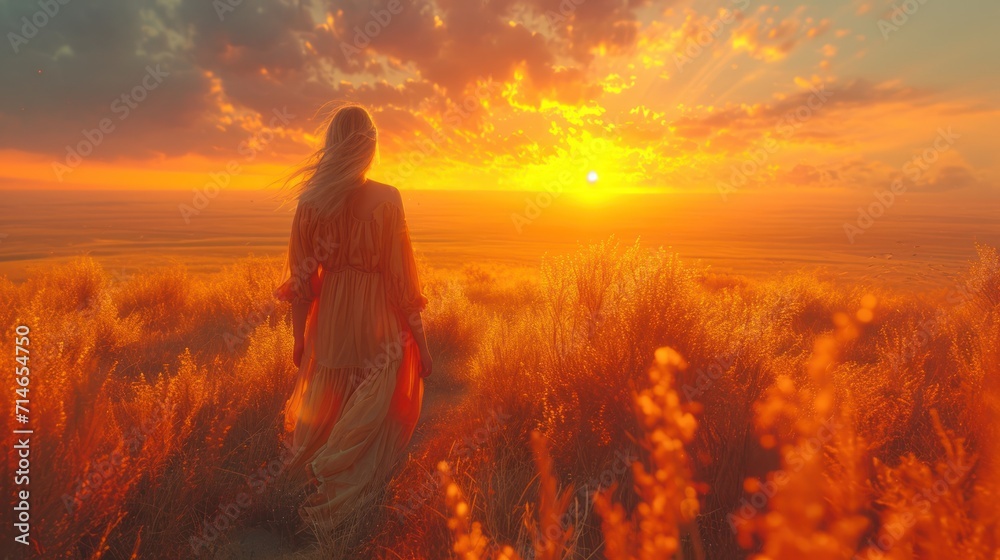 Obraz premium a woman standing in a field with the sun setting in the background and a field of tall grass in the foreground with tall grass in the foreground and the foreground.