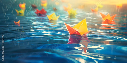 watercolor background capturing the whimsy of paper boats sailing in a puddle after the rain. photo
