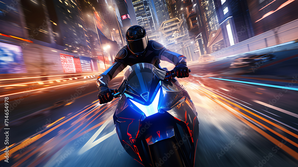 A virtual reality simulation of a motorcycle race in a futuristic city.