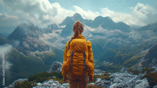  a woman in a yellow jacket standing on top of a mountain with a view of a valley and a mountain range in the distance with clouds and mountains in the background.