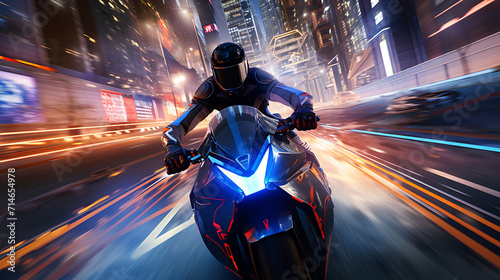 A virtual reality simulation of a motorcycle race in a futuristic city.