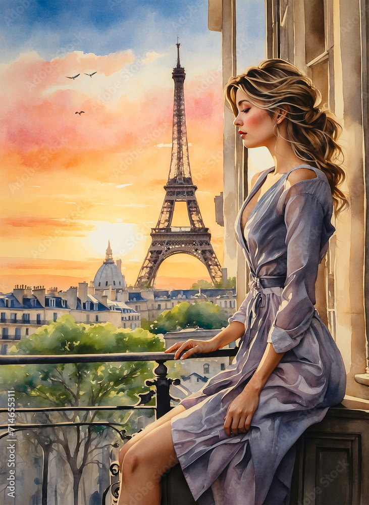 Oil Painting - a woman in paris city with Eiffel tower. Collection of designer oil paintings. Decoration for the interior. Modern abstract canvas art. Set of pictures. window. vintage. sunset