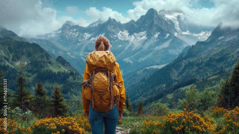  a woman with a yellow backpack stands on a mountain trail looking at a valley with yellow wildflowers in the foreground and a mountain range in the background.