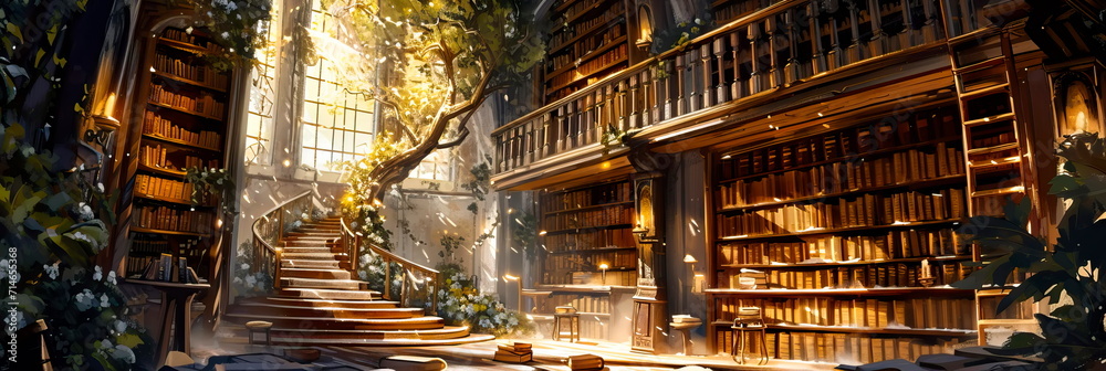watercolor of a magical library with books, to create a creative atmosphere of storytelling