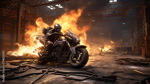 A virtual reality simulation of a motorcycle stunt show.
