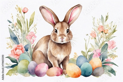 easter bunny with watercolor eggs and flowers, floral elements, perfect design for cards and invitations