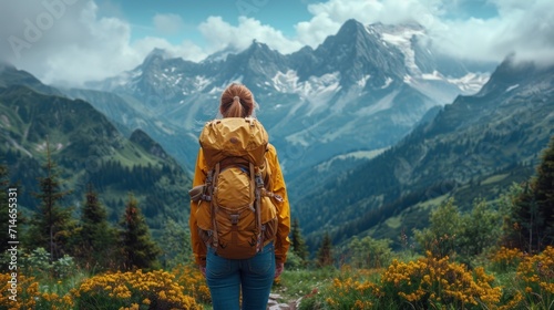  a woman with a yellow backpack stands on a mountain trail looking at a valley with yellow wildflowers in the foreground and a mountain range in the background. © Olga