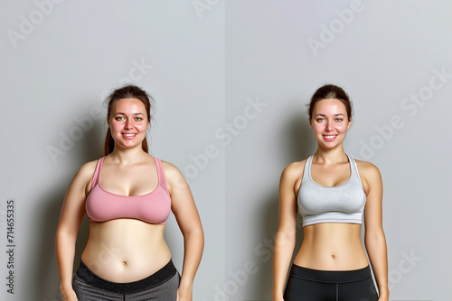 Woman posing before and after weight loss. Diet and healthy nutrition. Fitness results, get fit. Liposuction results, plastic surgery. Transformation from fat to athlete. Overweight and slim, training