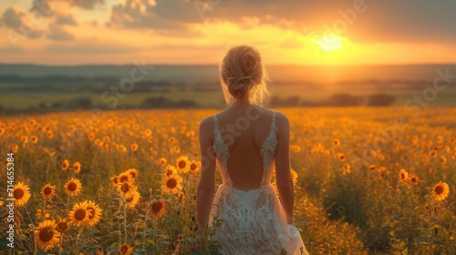  a woman in a white dress standing in a field of sunflowers with the sun setting behind her and behind her is a large field of sunflowers.
