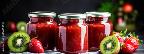 strawberry and kiwi jam in a glass jar. strawberry and kiwi jam on a wooden background.