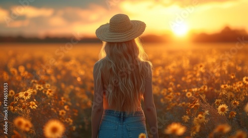  a woman standing in a field of sunflowers with the sun setting behind her and her back to the camera, with a hat on her head, looking into the distance. photo