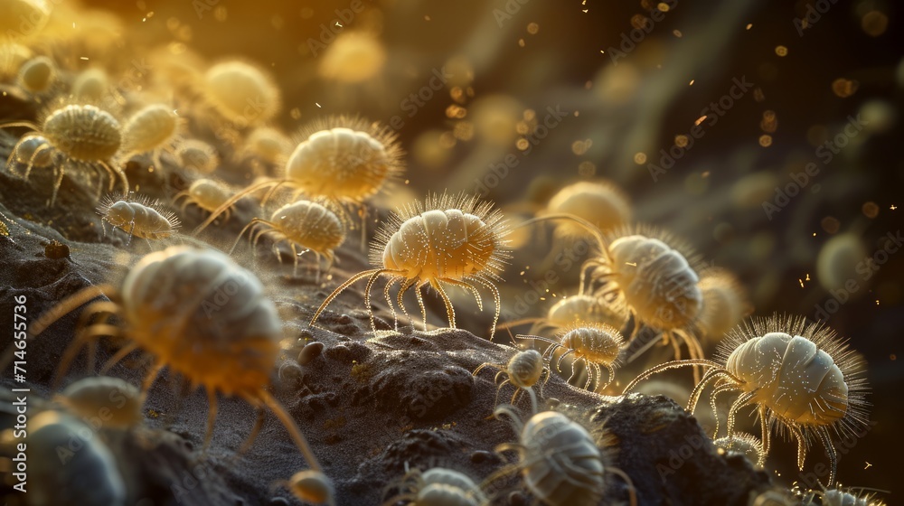 Soil-dwelling mites and microarthropods, dust pincers under microscopic close up view.