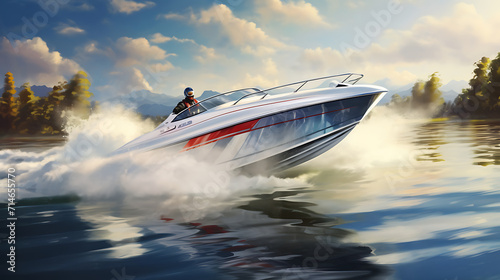 An image of a white speedboat in a water skiing competition.