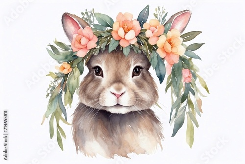 watercolor Easter bunny in wreath with flowers on white, designs for cards and invitations