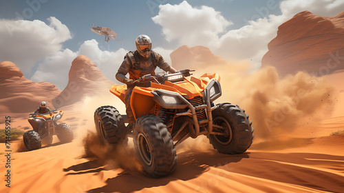 An orange ATV racing in a desert terrain.