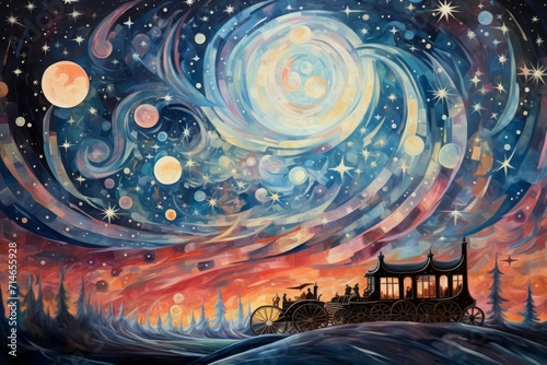 Whimsical starry night carriages, traversing the cosmos and granting wishes to dreamers - Generative AI © Sidewaypics