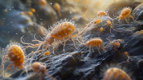 Foto Soil-dwelling mites and microarthropods, dust pincers under microscopic close up view