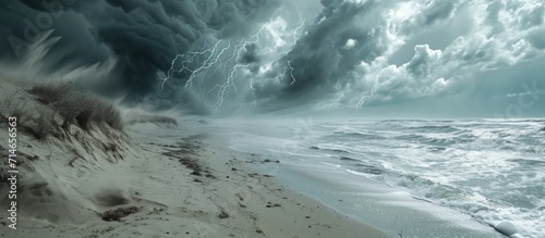Stormy beach with electrical disturbances, sand clouds and thunder.