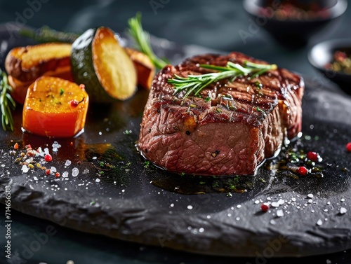 steak dish, featuring a perfectly cooked steak with rich, charred exterior and juicy interior, complemented by elegant side dishes and garnishes