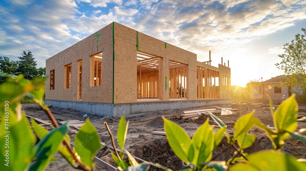 Construction of new and modern modular house. Walls made from composite