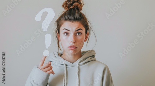 a magazine cover, minimalist photo, a woman of 35 years old, wearing sweatshirt, question symbol, question gesture, worried FACE EXPRESSION, solid color, background, Arri style, clean background 