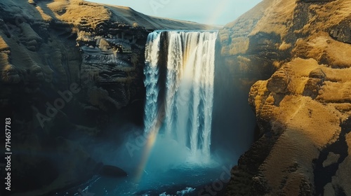 Drone shot of skgafoss waterfall forming beautiful rainbow, icelandic landscape with nordic nature. Spectacular scandinavian cascade flowing down off of cliffs, panoramic view. 