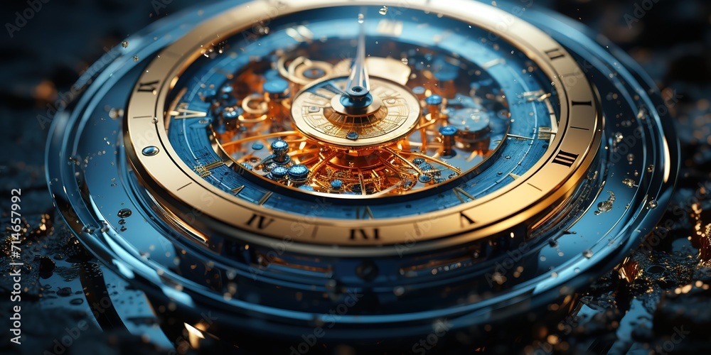 The background of the watch movement is due to its shiny blue and gold colors