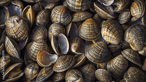 a large group of clams gathered together in a pile, some of which have been cut open to show the inside of the clams, some of the shell.