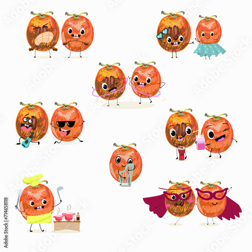 Cute cartoon persimmon characters set, collection. Flat vector illustration. Activities, playing musical instruments, sports, funny fruits, berries, berry.