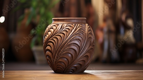 A carved wooden vase with intricate detailing, showcasing natural textures and rich tones, blending seamlessly with a cozy, earthy setting - Generative AI