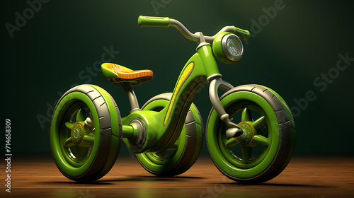 A green tricycle in a tricycle race.
