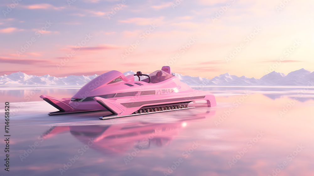 A pink ice racing sled on a frozen lake.