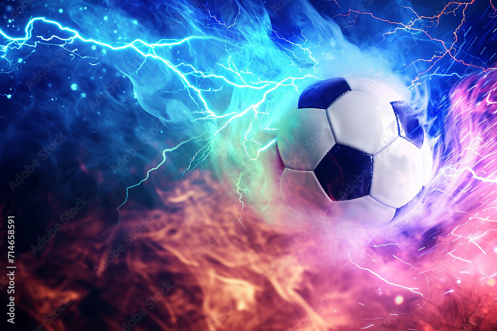 Fototapeta premium soccer ball with flames and lightning flying on night sky, blue and purple background