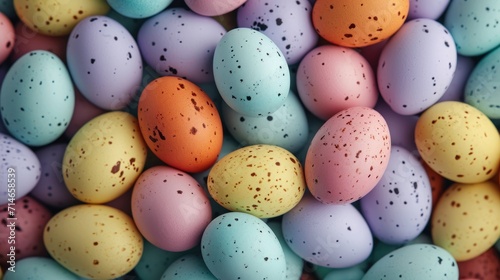  a pile of chocolate eggs with speckles in the colors of blue, yellow, pink, orange, and green with speckles of speckles on them.
