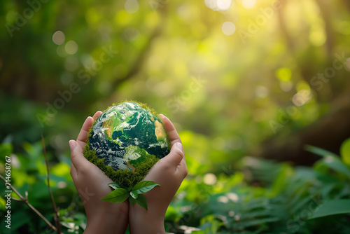 Hands holding green clean globe earth on green nature background 