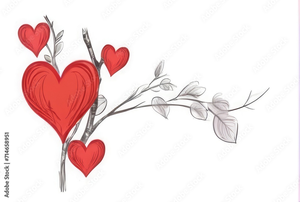Cute red hearts, stem on white valentine love decoration pattern. minimalist Valentines Day card
