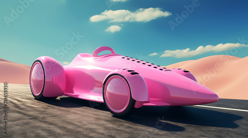 A pink soapbox derby car racing down a hill.