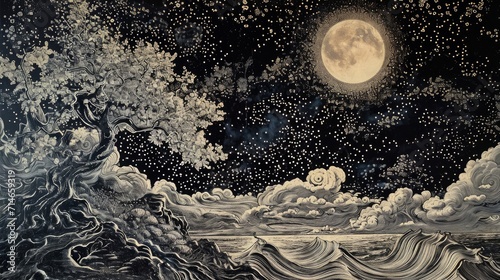 Flammarion engraving, extreme details, moon and sea wave, black and white theme