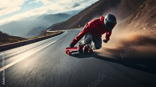 A red skateboarder speeding down a winding road.