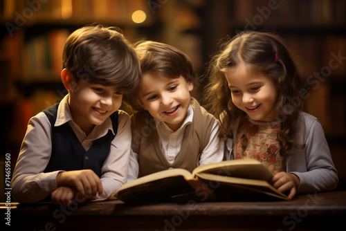Happy children reading book in library, Knowledge, Education concept, Generative Ai.