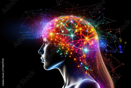Colored head in the dark  medical illustration  brain photography of the human head  eeg  Biomedical Imaging  MRI guided focused echograph  electroencephalogram type activity  brain food  cerebellum