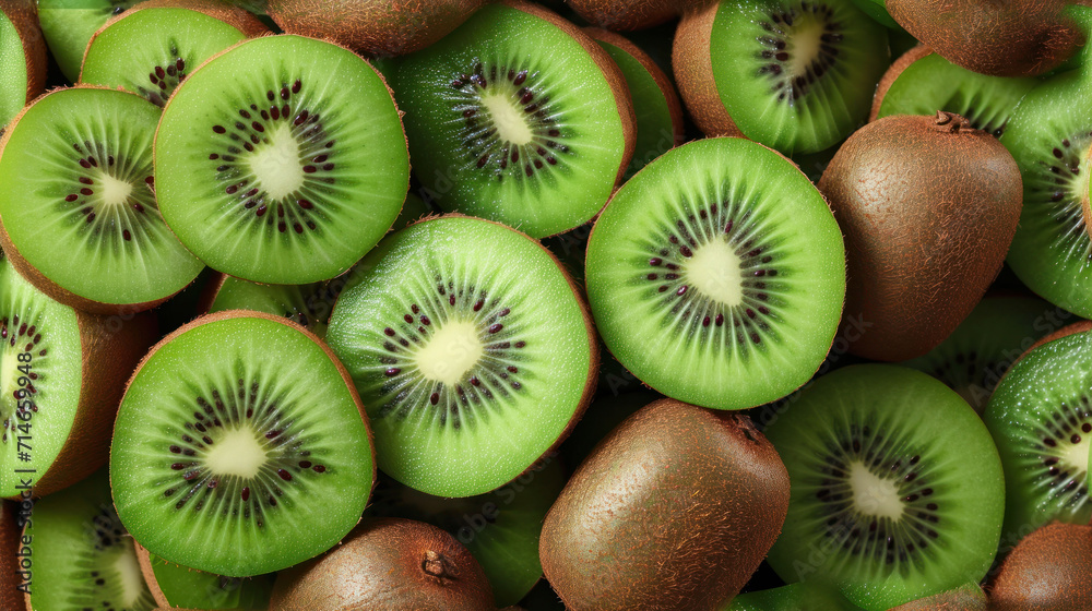  a pile of kiwi fruit cut in half with kiwis in the middle of the kiwis on the side of the kiwis and the kiwis on the other side of the kiwi. - obrazy, fototapety, plakaty 