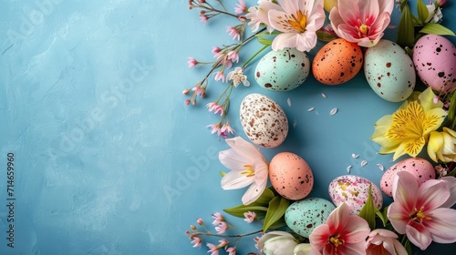 Easter composition with Colorful Easter eggs and vibrant spring flowers form a festive wreath on a teal background. Easter card with copy space