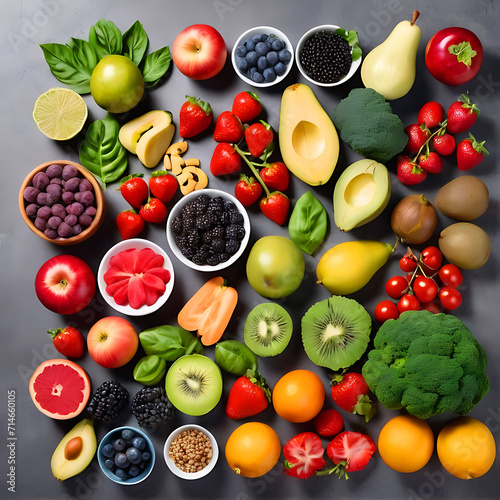 Selection of healthy food. Balanced diet food. Superfoods  various fruits and assorted berries  nuts and seeds  fruit  vegetable. ai