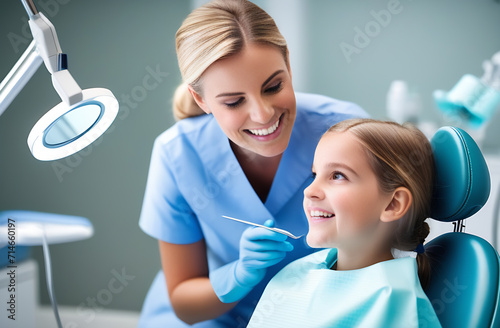 little girl close-up sitting in the dentist's chair. Nearby is a girl doctor with an instrument. look at the camera and smile.