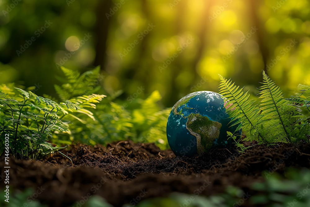 Global Earth On Soil In Forest With Ferns And Sun Shine Global Earth On Soil In Forest With Ferns And Sun Shine