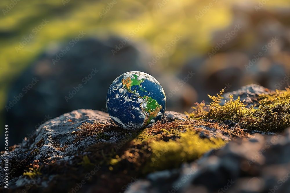Global Earth On Soil In Forest With Ferns And Sun Shine Global Earth On Soil In Forest With Ferns And Sun Shine